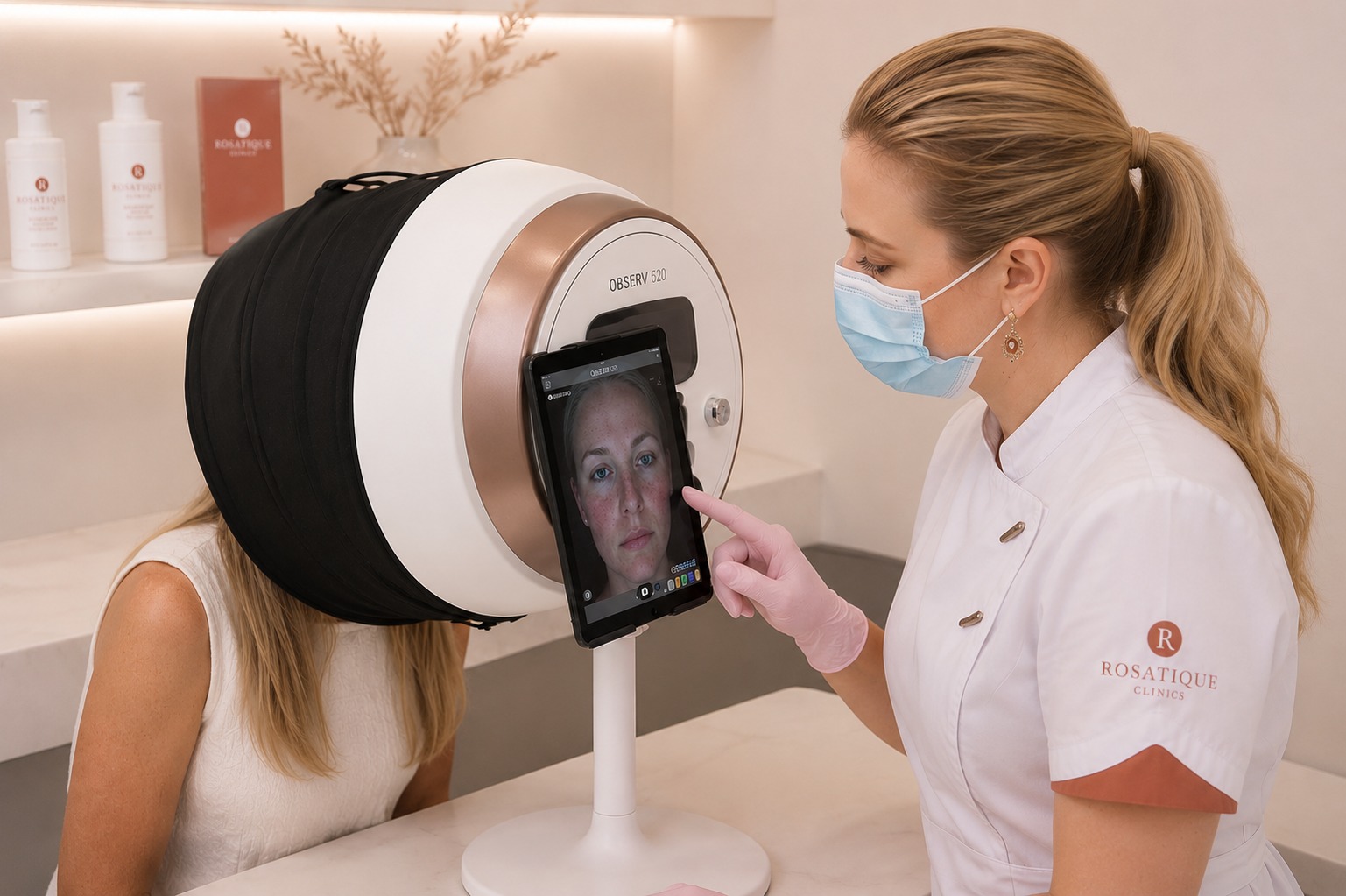 Huidanalyse met een professioneel scanapparaat bij Rosatique Clinics